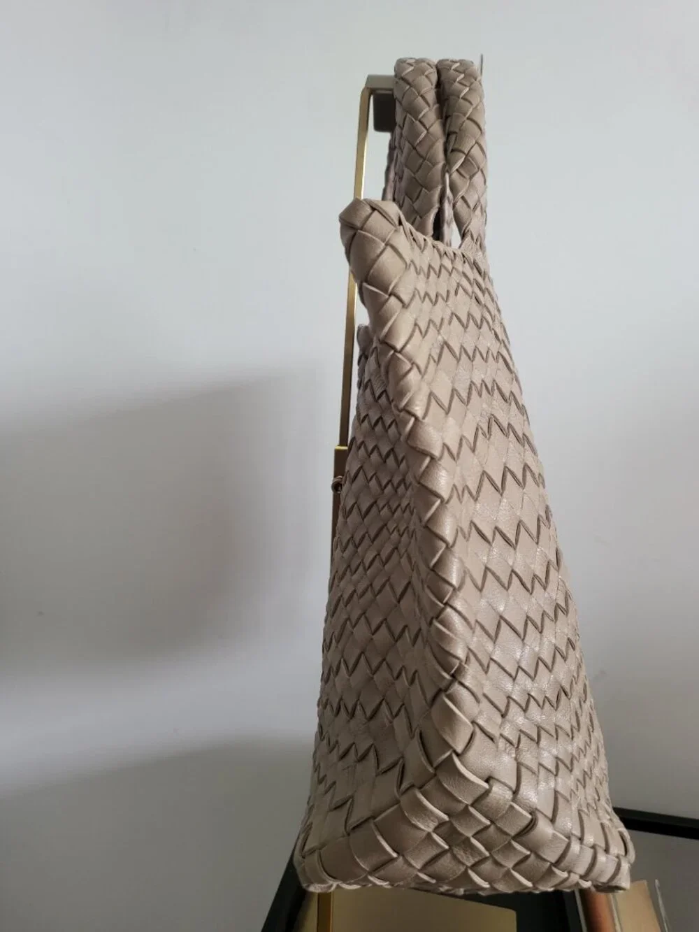 Taupe woven leather handbag
